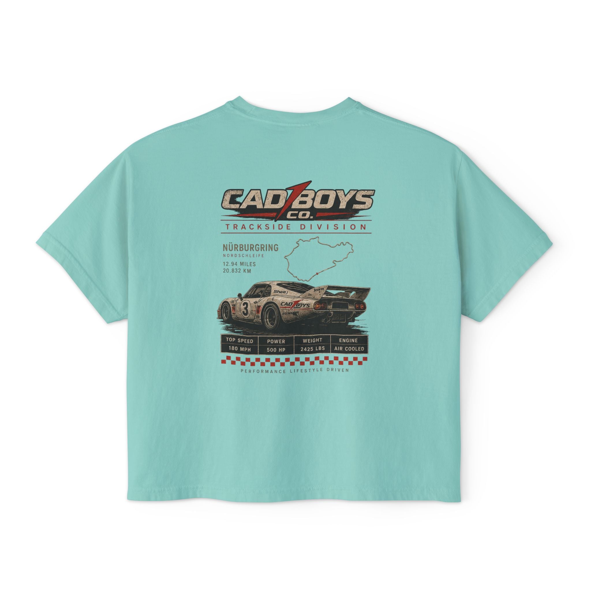 CadBoys "CadWomans" Trackside Division Women's Boxy Tee — Retro Race Car Graphic