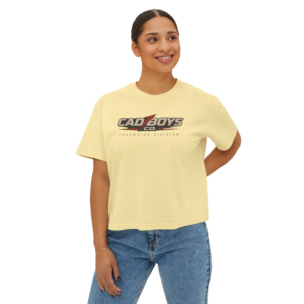 CadBoys "CadWomans" Trackside Division Women's Boxy Tee — Retro Race Car Graphic
