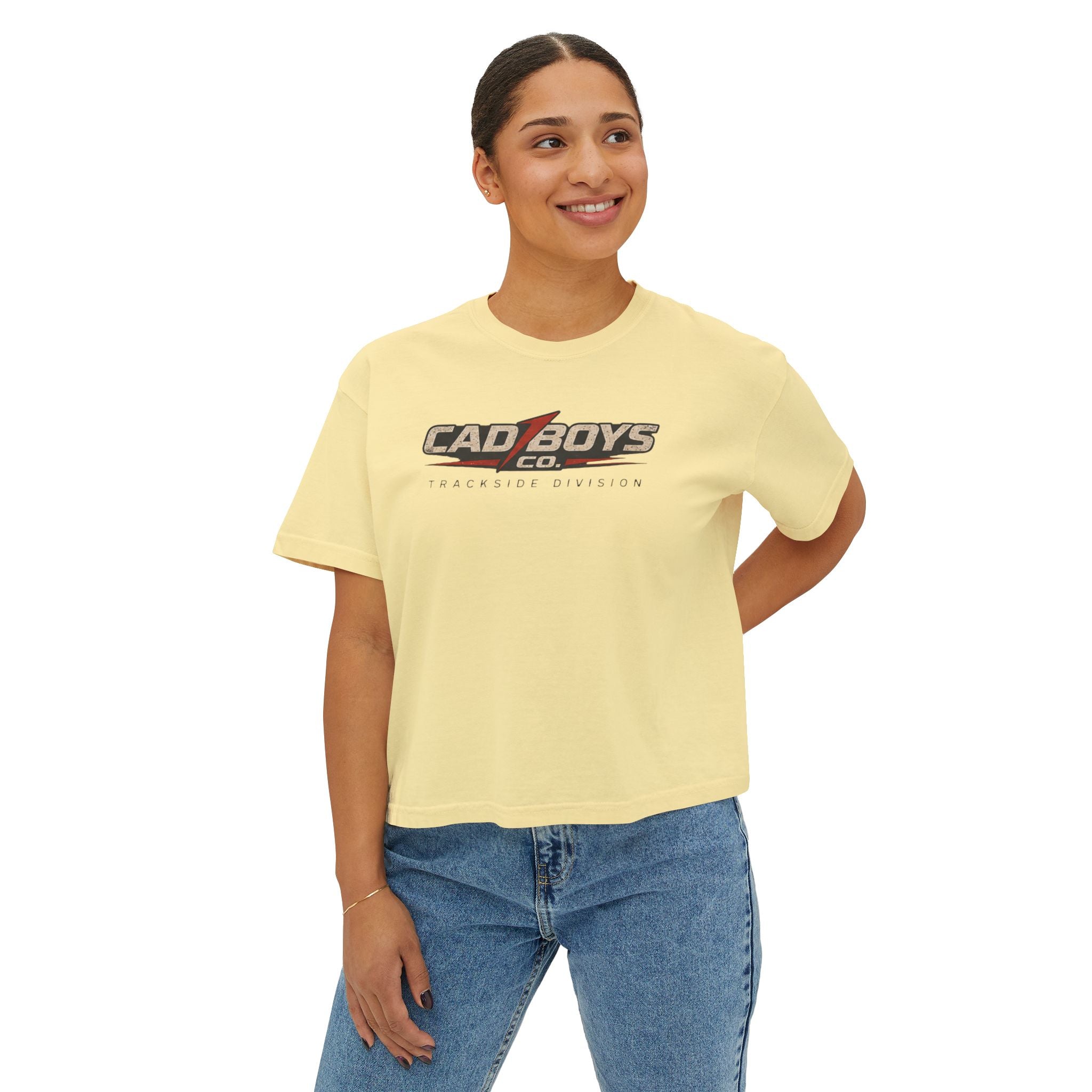 CadBoys "CadWomans" Trackside Division Women's Boxy Tee — Retro Race Car Graphic