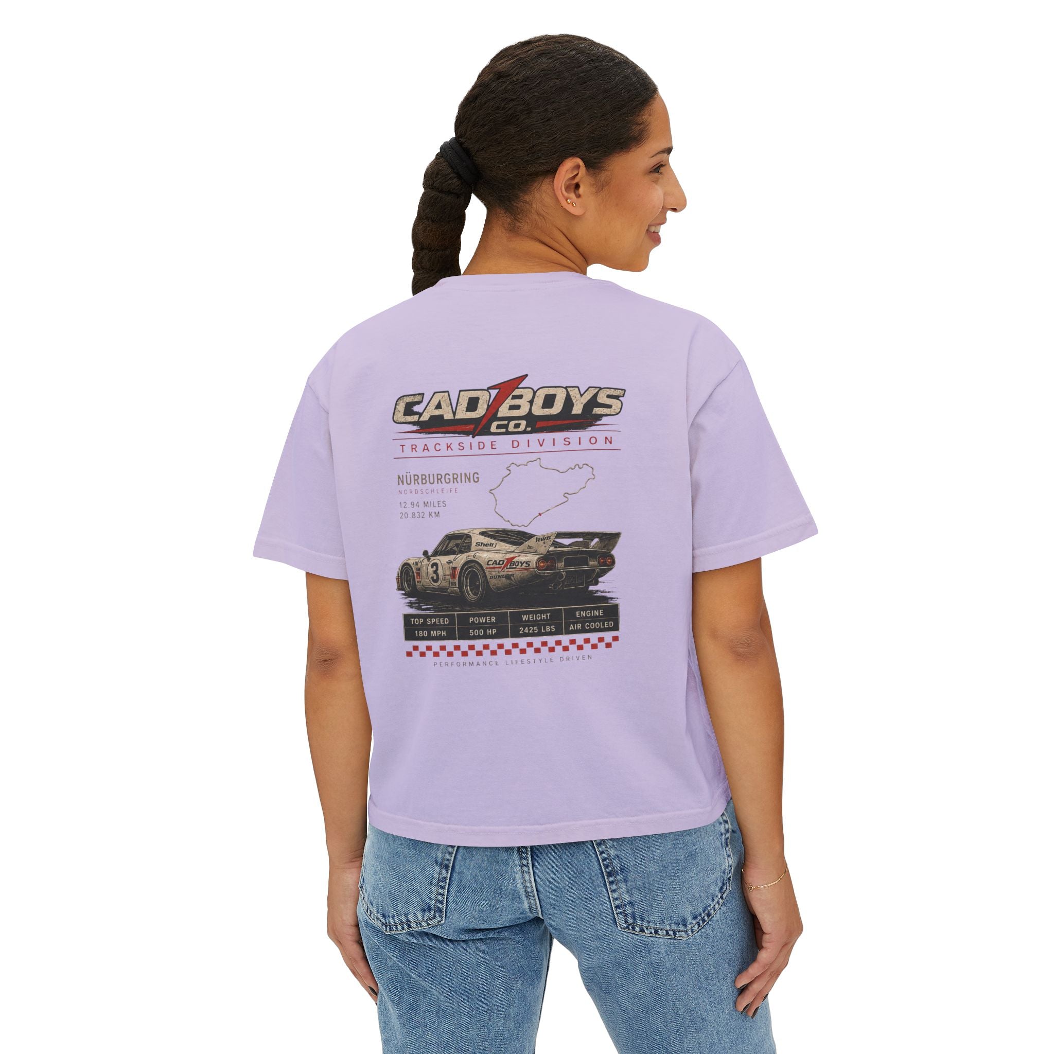 CadBoys "CadWomans" Trackside Division Women's Boxy Tee — Retro Race Car Graphic