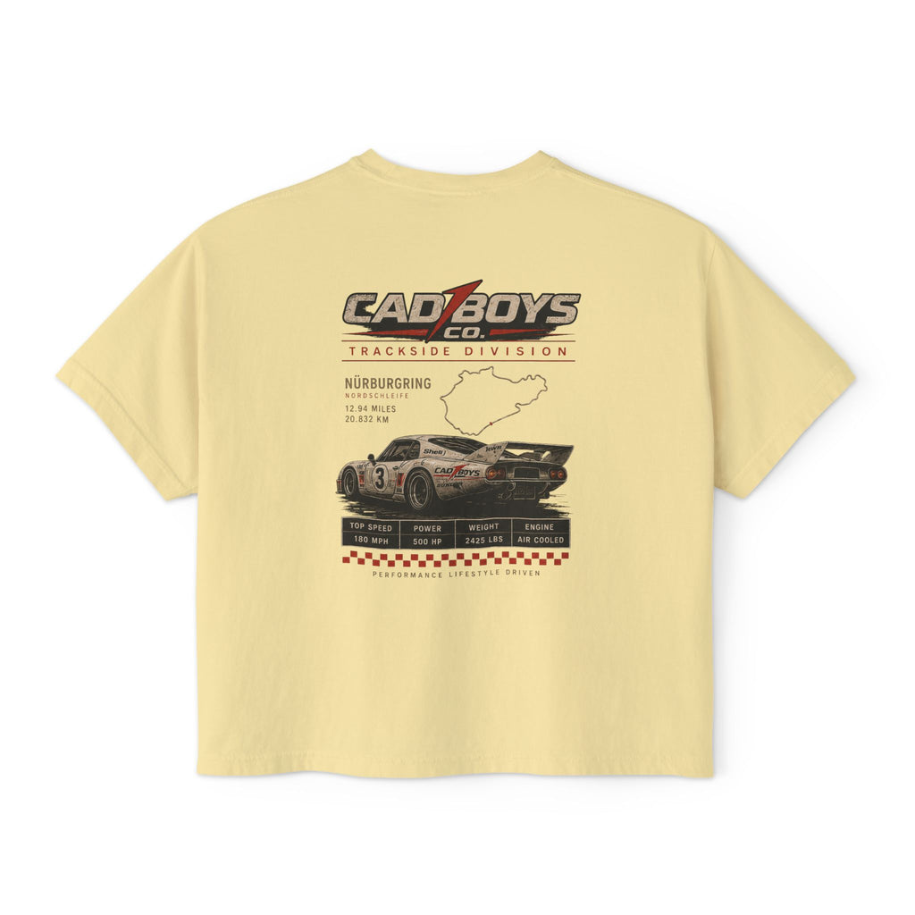 CadBoys "CadWomans" Trackside Division Women's Boxy Tee — Retro Race Car Graphic