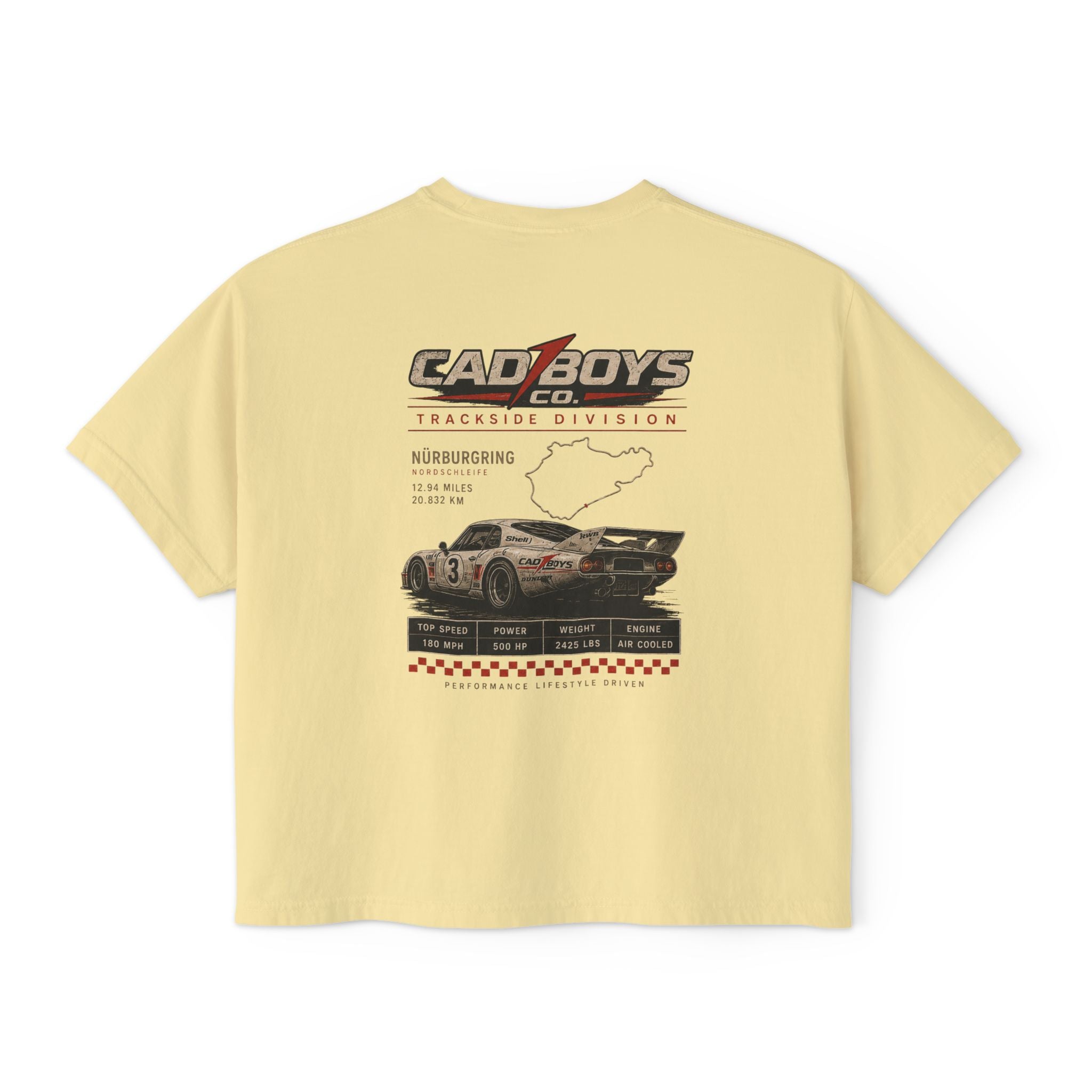 CadBoys "CadWomans" Trackside Division Women's Boxy Tee — Retro Race Car Graphic