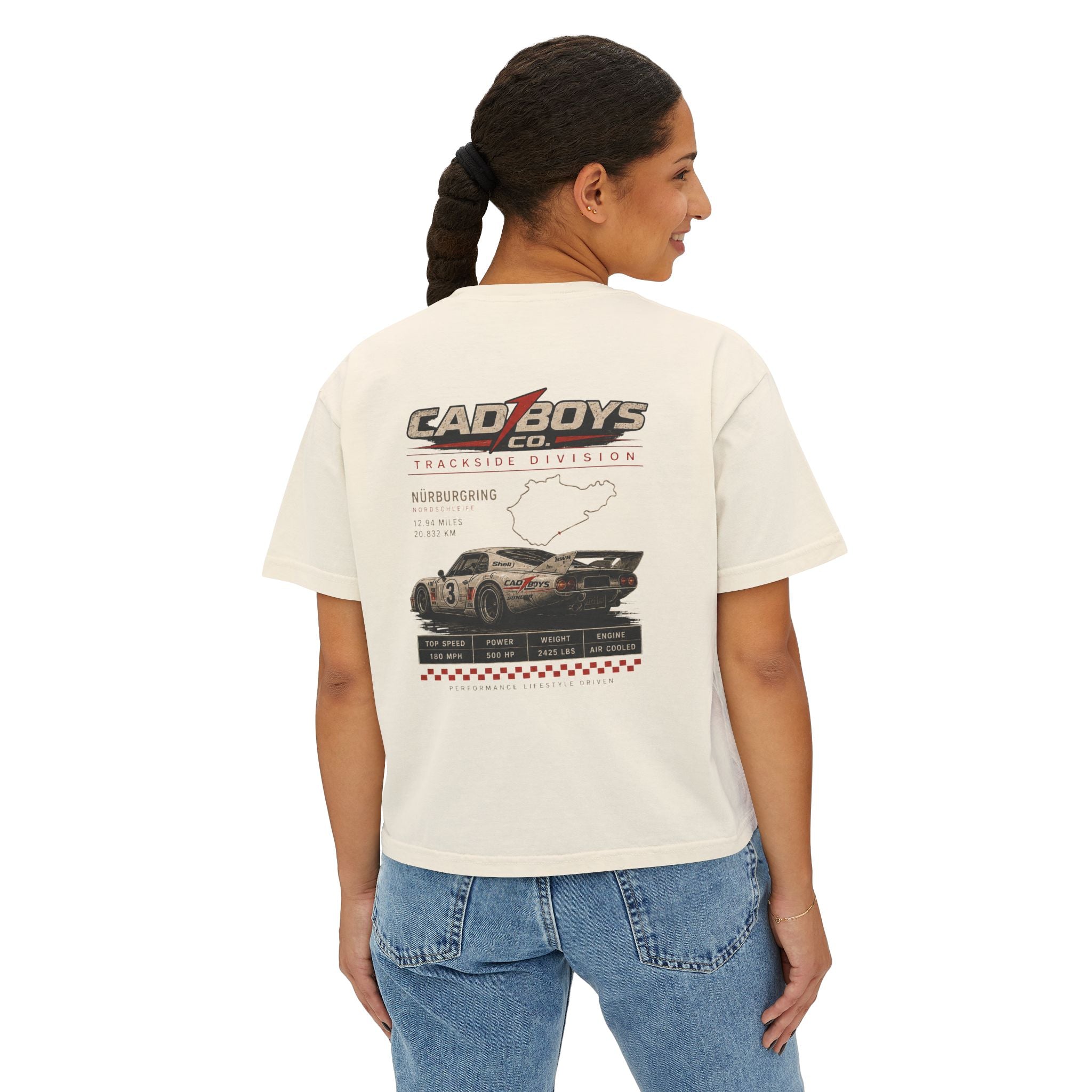 CadBoys "CadWomans" Trackside Division Women's Boxy Tee — Retro Race Car Graphic