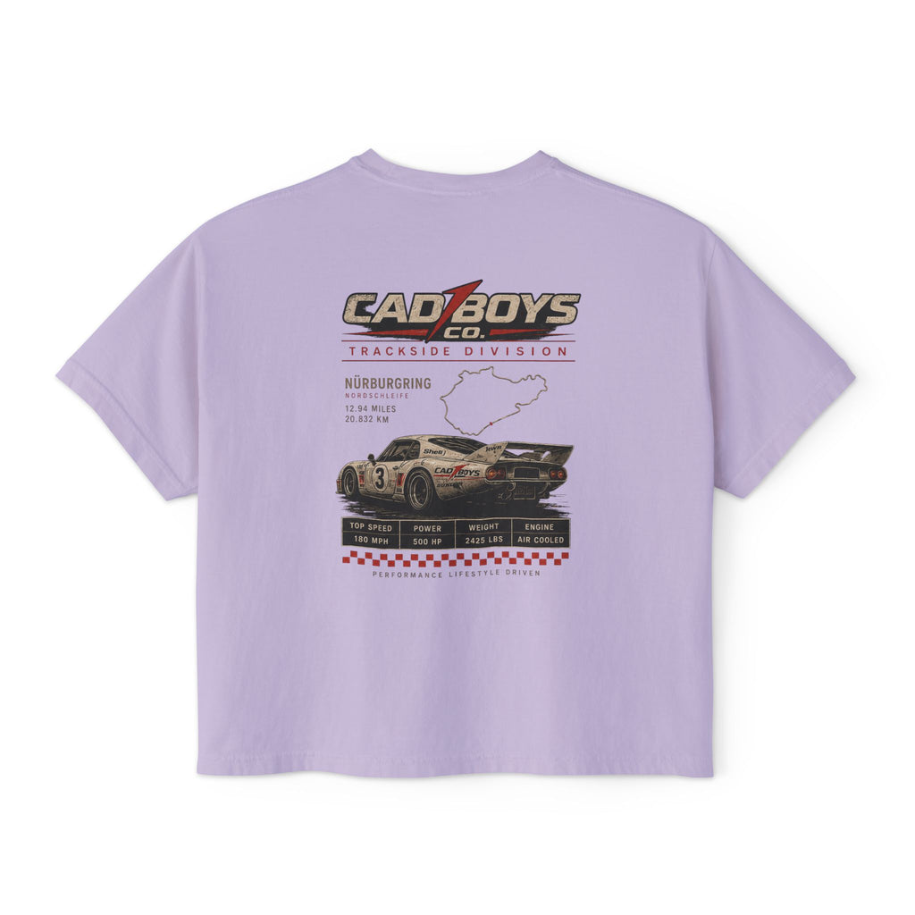 CadBoys "CadWomans" Trackside Division Women's Boxy Tee — Retro Race Car Graphic