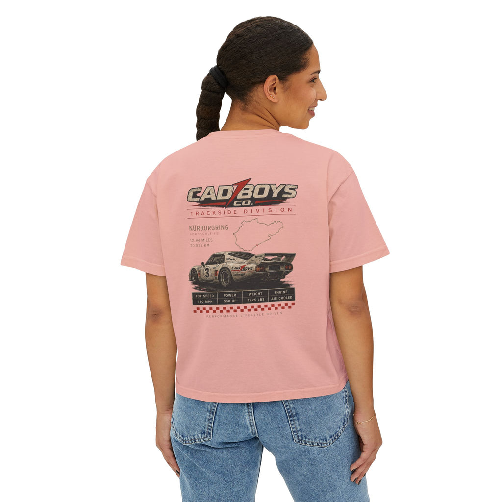 CadBoys "CadWomans" Trackside Division Women's Boxy Tee — Retro Race Car Graphic
