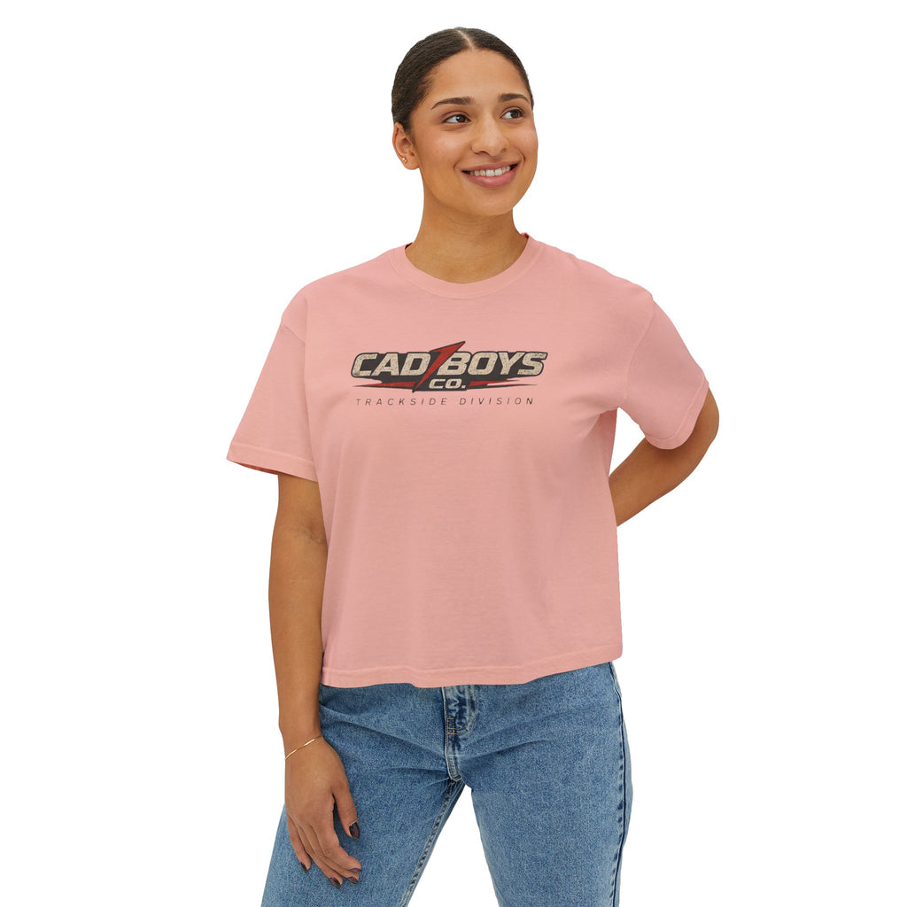 CadBoys "CadWomans" Trackside Division Women's Boxy Tee — Retro Race Car Graphic