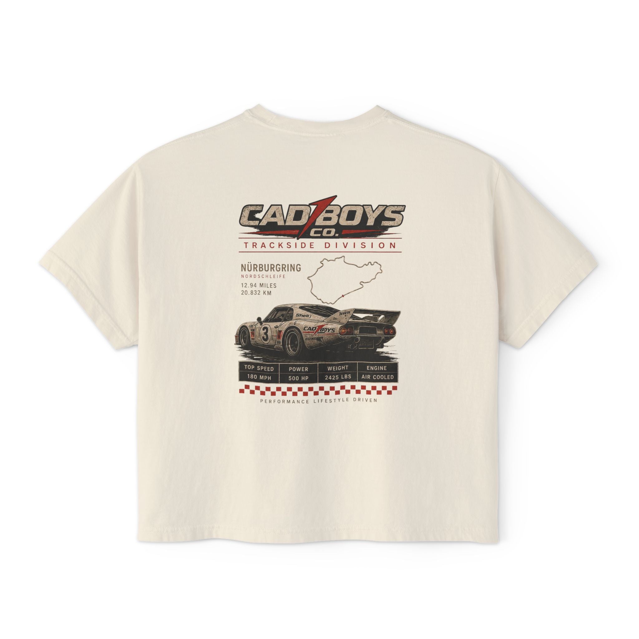 CadBoys "CadWomans" Trackside Division Women's Boxy Tee — Retro Race Car Graphic