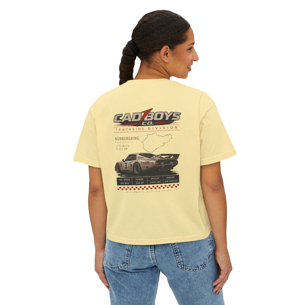 CadBoys "CadWomans" Trackside Division Women's Boxy Tee — Retro Race Car Graphic