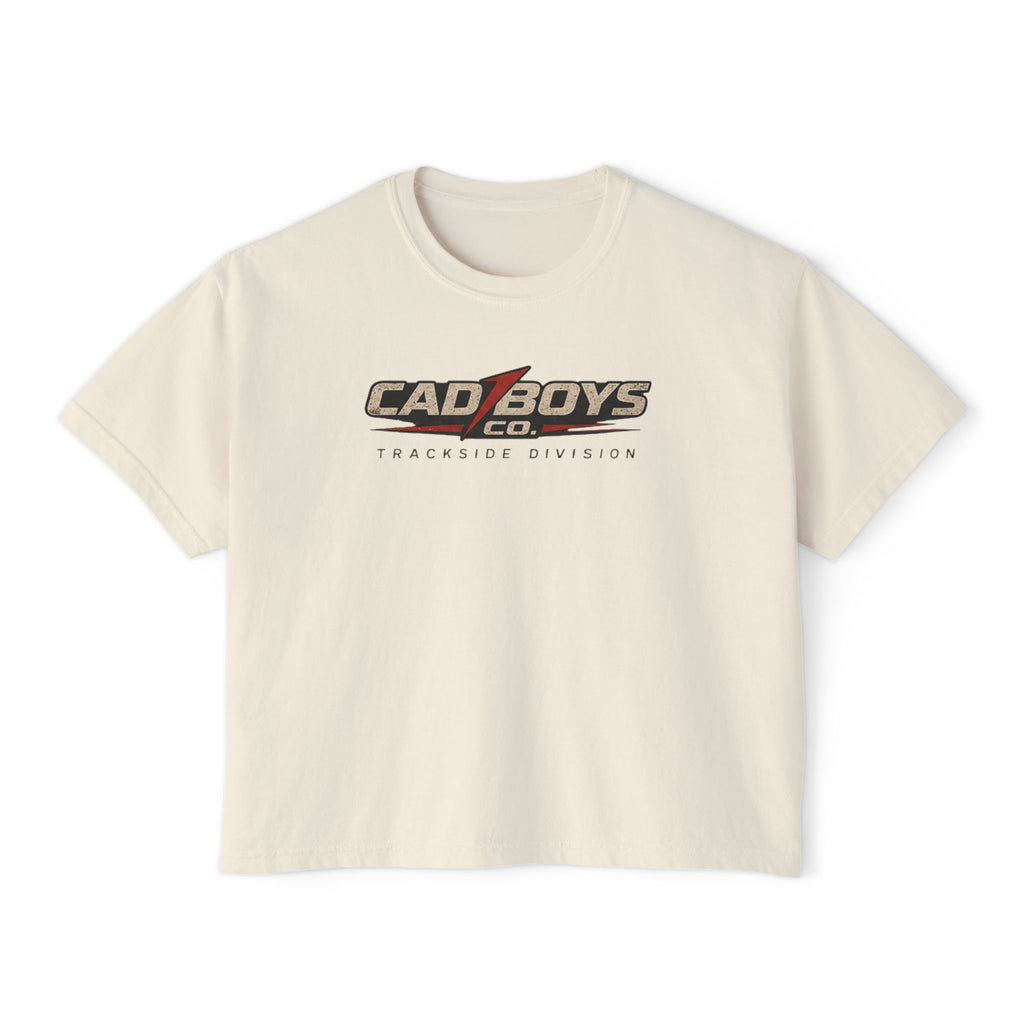 CadBoys "CadWomans" Trackside Division Women's Boxy Tee — Retro Race Car Graphic