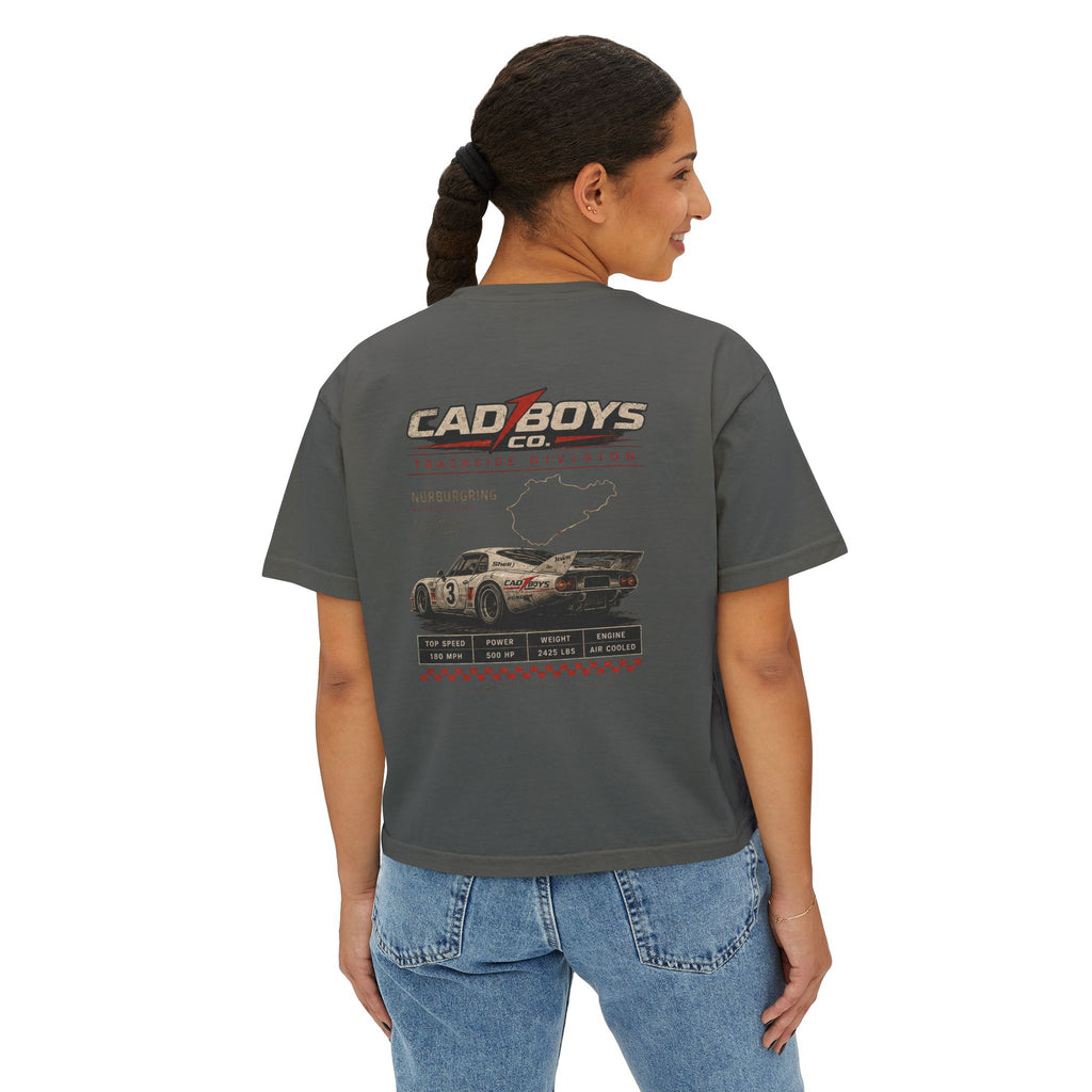 CadBoys "CadWomans" Trackside Division Women's Boxy Tee — Retro Race Car Graphic