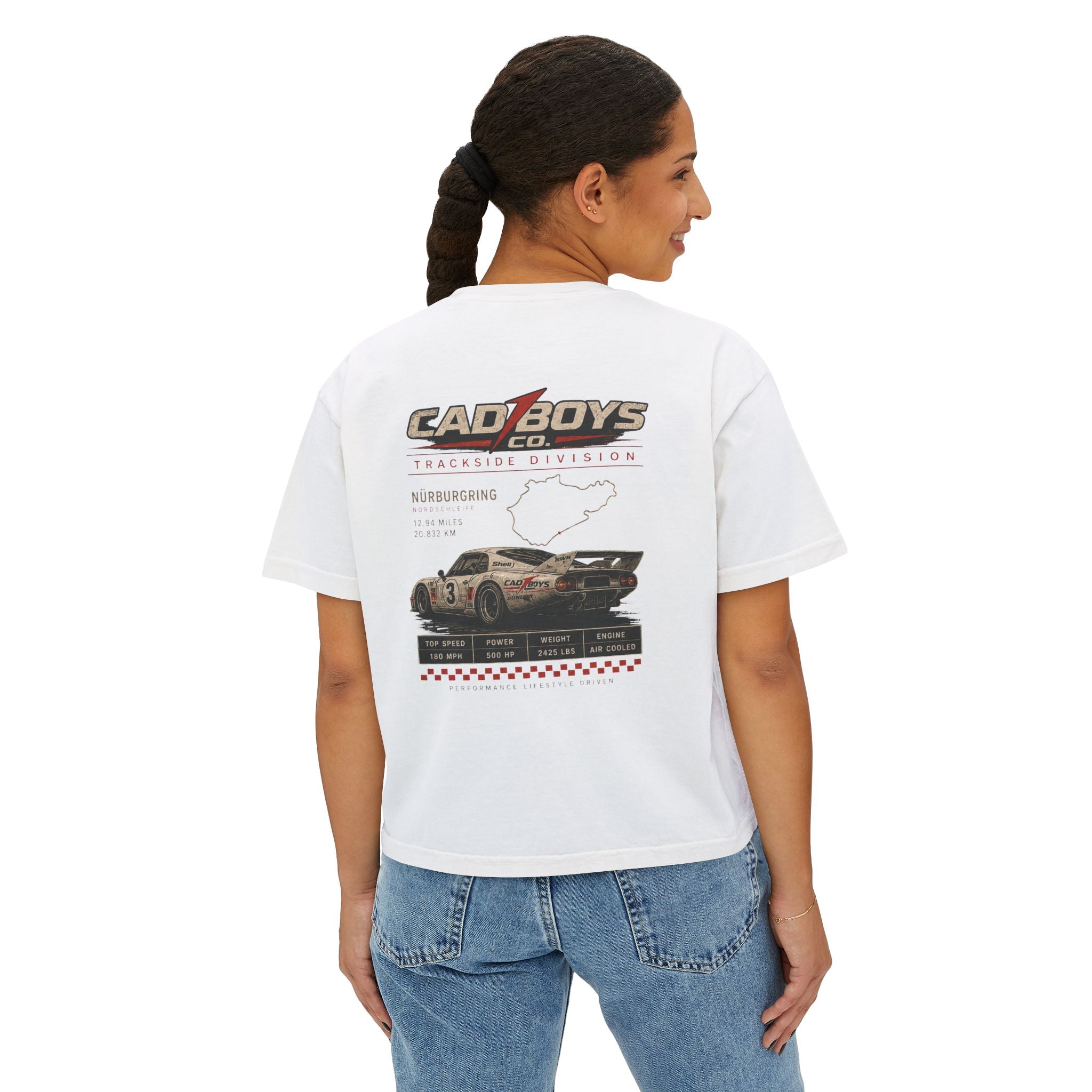CadBoys "CadWomans" Trackside Division Women's Boxy Tee — Retro Race Car Graphic