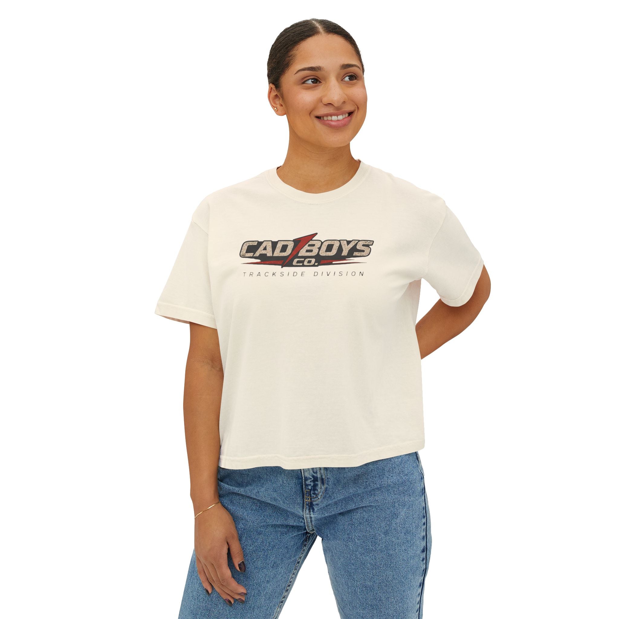 CadBoys "CadWomans" Trackside Division Women's Boxy Tee — Retro Race Car Graphic