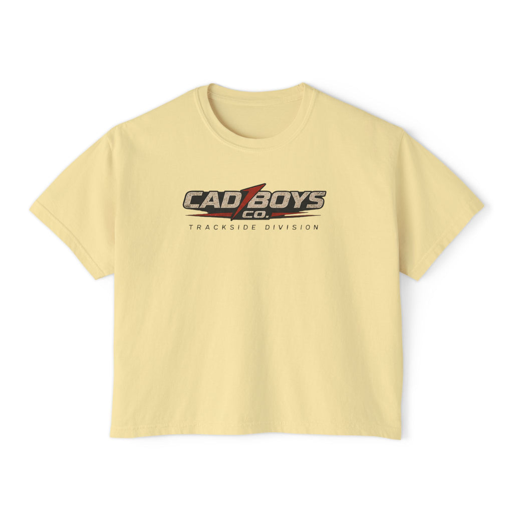 CadBoys "CadWomans" Trackside Division Women's Boxy Tee — Retro Race Car Graphic