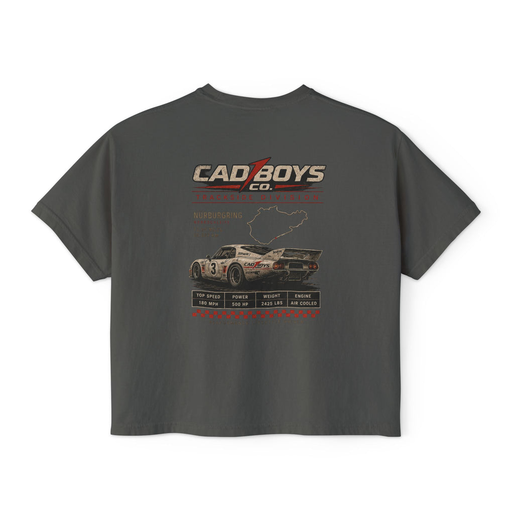 CadBoys "CadWomans" Trackside Division Women's Boxy Tee — Retro Race Car Graphic