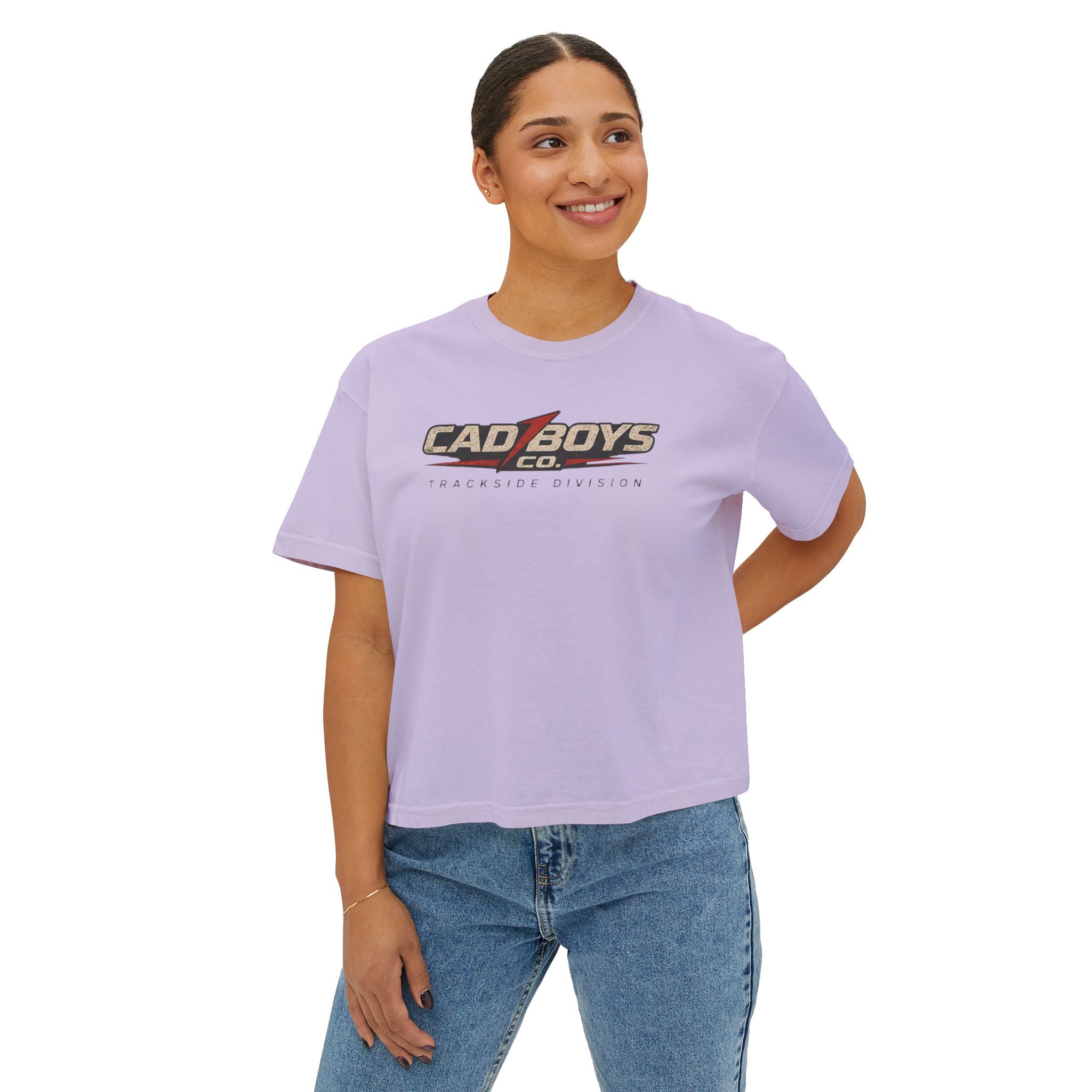 CadBoys "CadWomans" Trackside Division Women's Boxy Tee — Retro Race Car Graphic