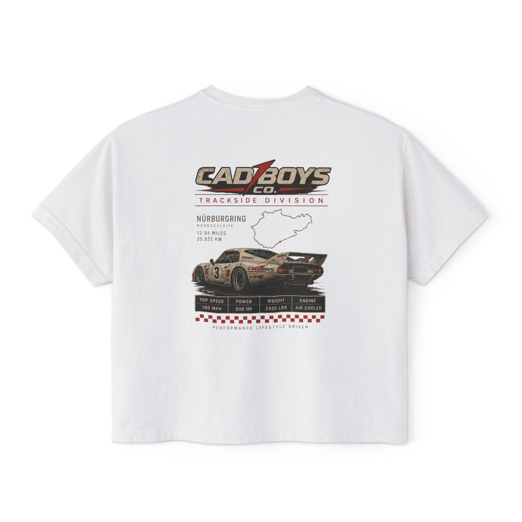 CadBoys "CadWomans" Trackside Division Women's Boxy Tee — Retro Race Car Graphic