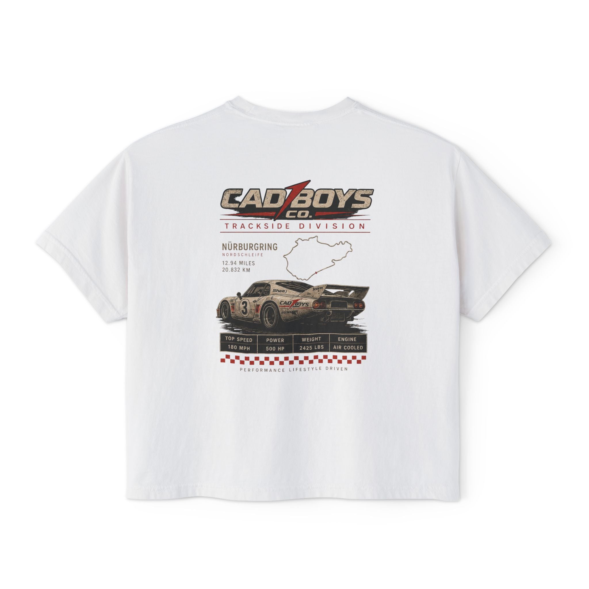 CadBoys "CadWomans" Trackside Division Women's Boxy Tee — Retro Race Car Graphic