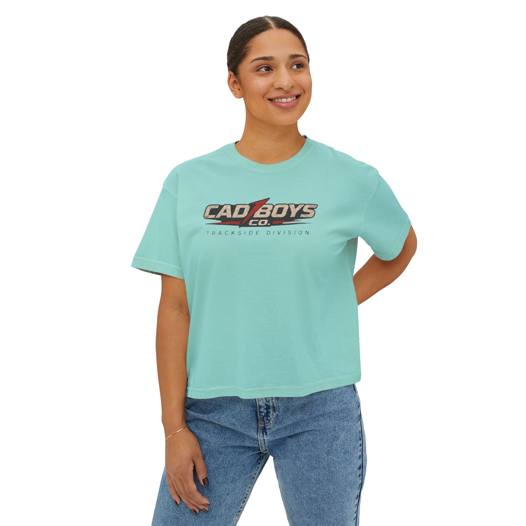 CadBoys "CadWomans" Trackside Division Women's Boxy Tee — Retro Race Car Graphic