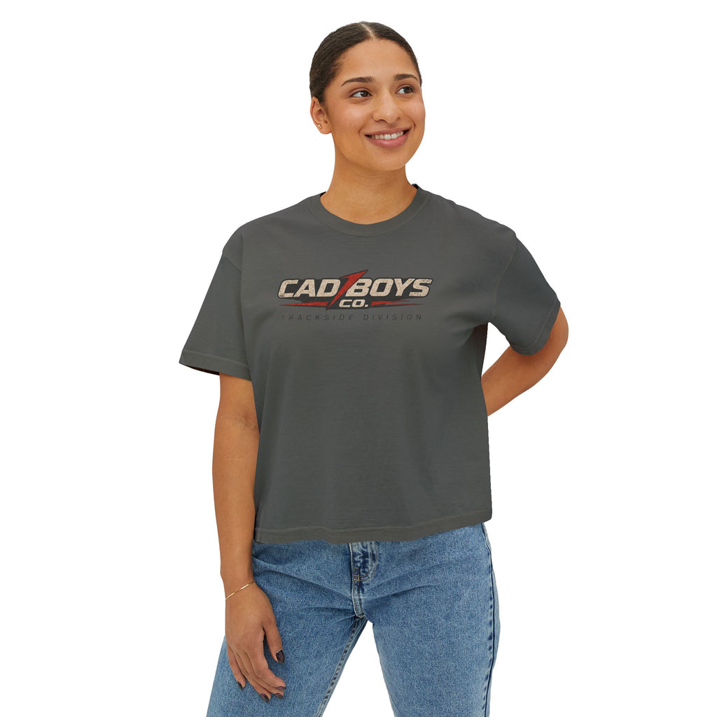 CadBoys "CadWomans" Trackside Division Women's Boxy Tee — Retro Race Car Graphic