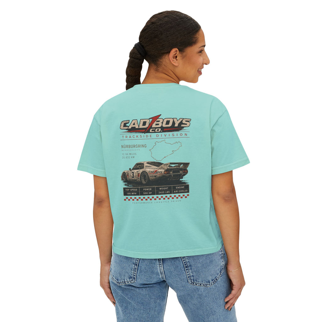 CadBoys "CadWomans" Trackside Division Women's Boxy Tee — Retro Race Car Graphic